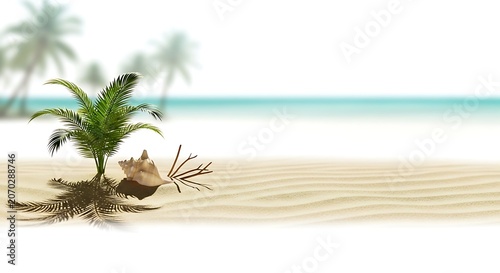 Bright Tropical Beach Scene with Palm Trees and Ocean.