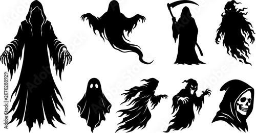 Quadro su tela Halloween Ghost and Grim Reaper Black Silhouette Icon Set with Spooky Phantom, W