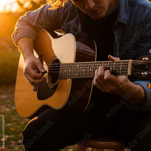 Man Playing Acoustic Guitar Outdoors At Sunset.