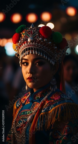 Traditional Costumed Portrait at Night Festival Lights.