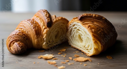 Golden Croissant and Loaf on Dark Wooden Board.
