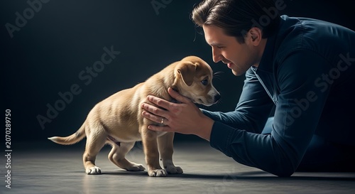 Man with playful puppy on floor in warm dramatic lighting.