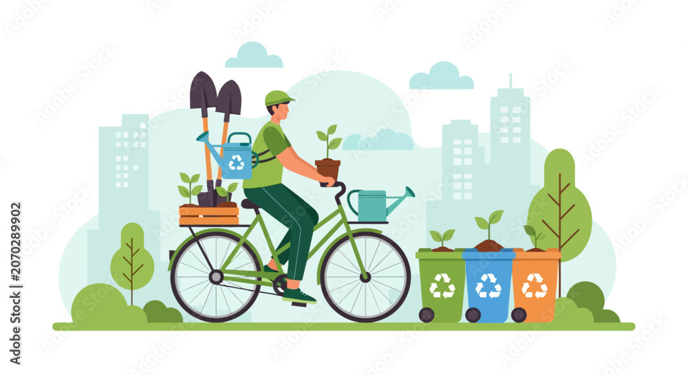 Naklejka premium Man riding bicycle with gardening tools and plants in city.