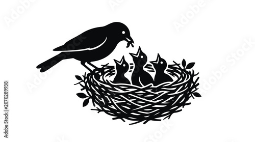 Quadro su tela Minimalist bird silhouette feeding chicks in nest, black and white mother bird v
