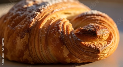 Golden Croissant Close Up With Flaky Layers.