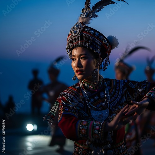 Traditional Dancer in Colorful Headdress Performing on Stage at Night.