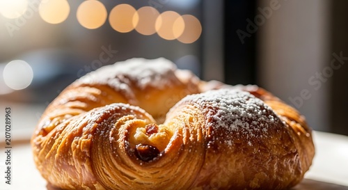 Golden Croissant Close Up From a Cozy Bakery Kitchen Morning Light.
