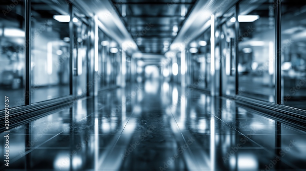 Fototapeta premium Reflective Modern Office Corridor with Blurred Background and Blue Tones