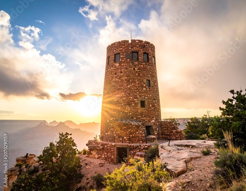 A stone tower stands atop a cliff overlooking a vast canyon. The setting sun casts a golden glow, illuminating the scenery