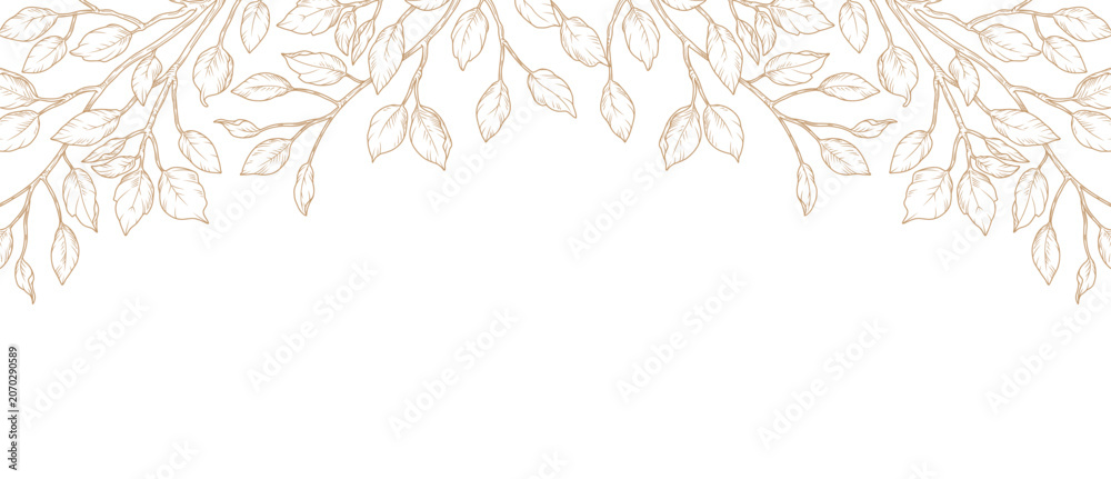 Fototapeta premium Floral background in line art style with hand drawn branches and leaves isolated on white background. Botanical leaf frame, border. Vector pattern for wedding invitation, card, banner, cover