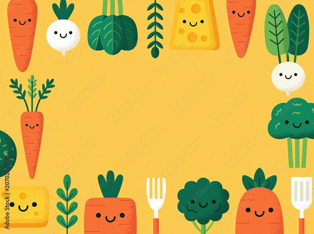 Fototapeta premium Whimsical Cartoon Vegetables and Cheese Frame, Perfect for Healthy Eating and Food Content