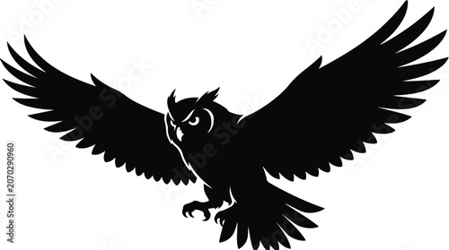 Konstfotografi Majestic owl silhouette with spread wings, flying nocturnal bird of prey vector,