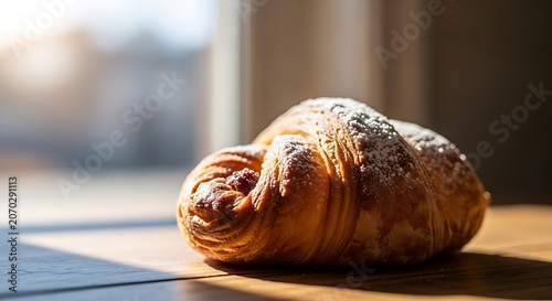 Golden Croissant Resting in Morning Sunlight on Wooden Table.