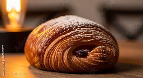 Golden Croissant on Wooden Table Close Up.