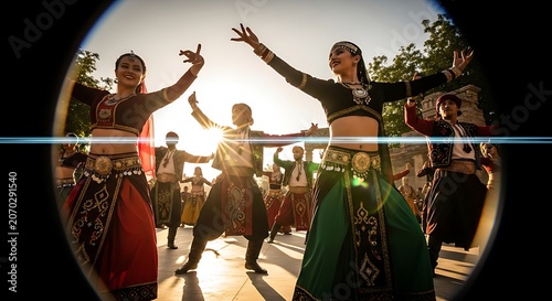 Traditional Folk Dance Circle Under Sunlit Sky.