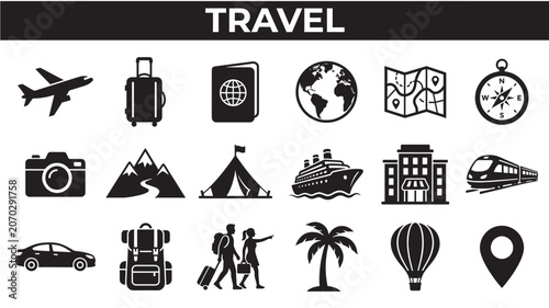Travel Icons Set, Modern Flat Vector Collection with Airplane Passport Camera Luggage and Tourism Symbols