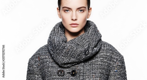 Winter fashion portrait with oversized knit scarf and gray coat.