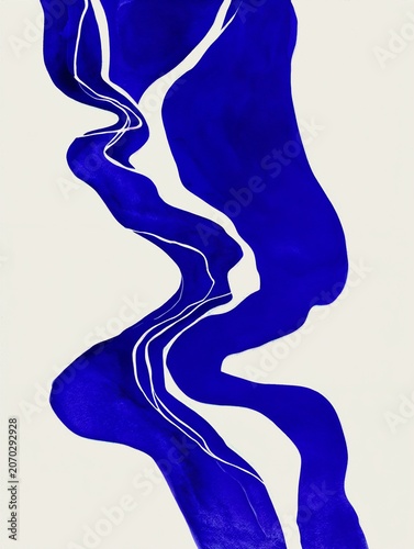 Electric Blue Abstract River Flow with White Organic Linework, Minimalist Contemporary Wall Art