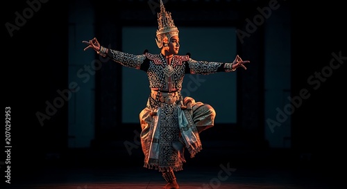 Traditional Indonesian Balinese Dance Performance on Stage.