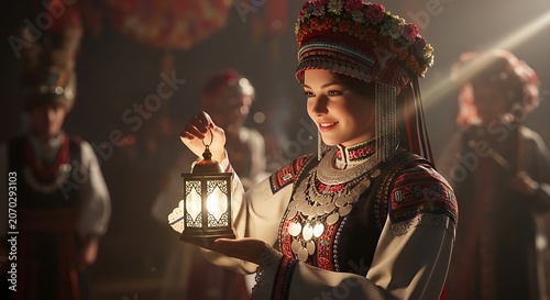 Traditional Nighttime Lantern Festival Portrait in Cultural Attire.
