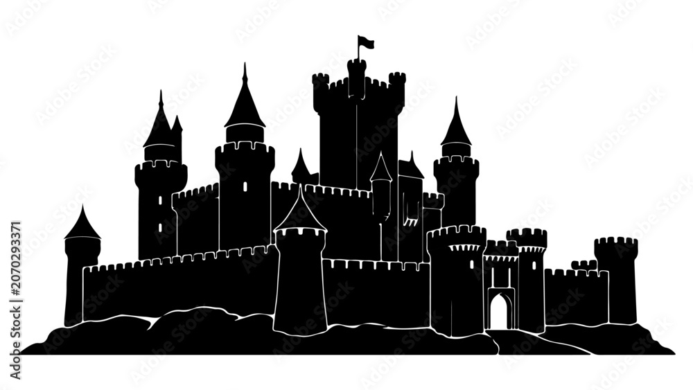 Fototapeta premium Black Medieval Castle Silhouette with Towers and Battlements Isolated on Transparent Background Vector Illustration