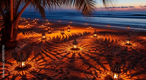 Tranquil Night Beach Lanterns Palm Shadows Sunset Scene.