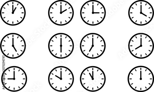 Vászonkép Analog wall clock icons set featuring simple black linear vector shapes displayi