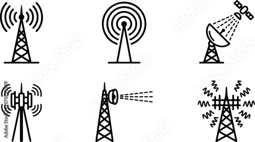 Photos Telecommunication tower and transmitter signal line icons featuring simple black