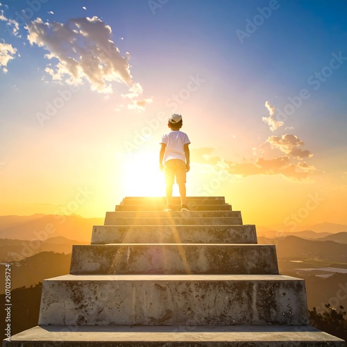 Young Child Standing on Stone Steps at Golden Sunset in Mountain Landscape