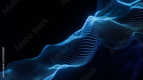 Blue glowing digital particle landscape on black. Undulating cyber terrain for global system server concept, complex network communication presentation or futuristic IT background