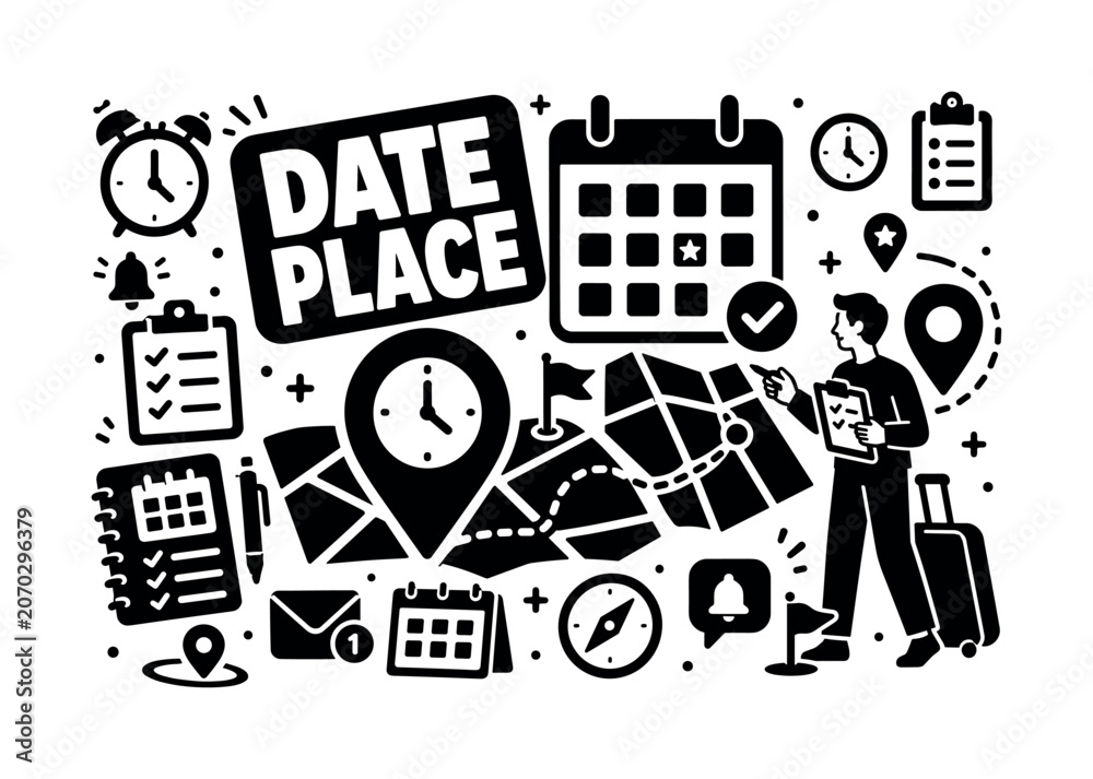 Fototapeta premium Schedule Address Date. Banner design, clean solid filled composition showing oversized calendar page and giant map pin with clock, one planner character checking route near edge, small details of