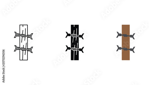 Fotografie Barbed wire fence section icon set showing wooden post with metal spikes in line