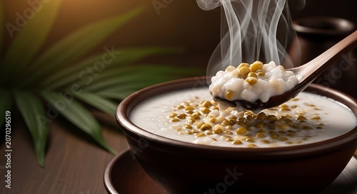 Steaming bowl of oatmeal breakfast cereal.