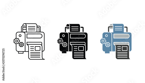 Tableau sur toile Printer maintenance icon set featuring machine with gears and paper output in ou