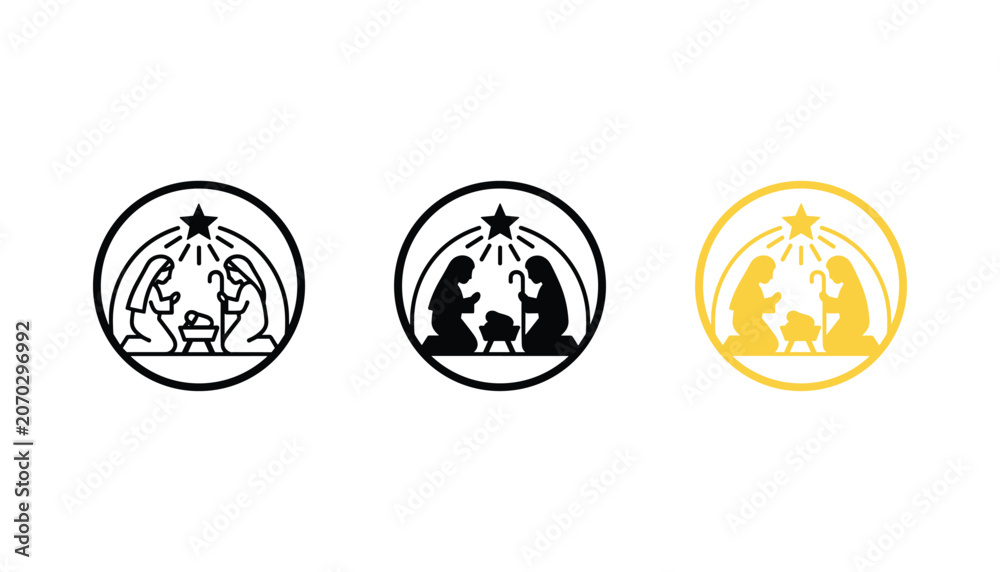 Fototapeta premium Set of three minimal nativity scene icons showing mary and joseph at the manger with shining star in circular frames for christmas holiday graphic design projects