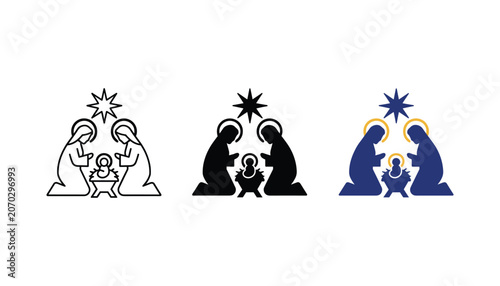 Cuadro en lienzo Nativity scene icon set depicting the birth of Jesus with Mary and Joseph in thr