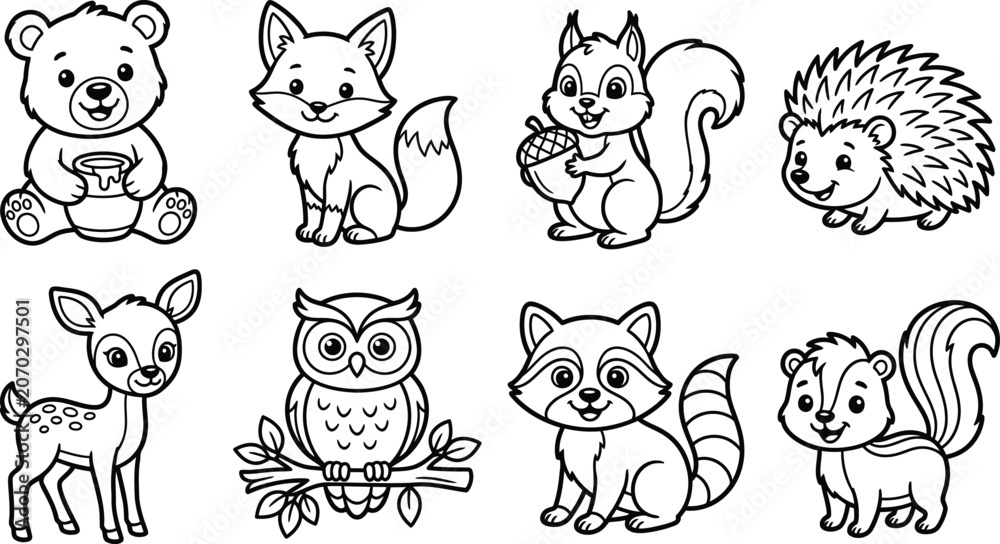 Obraz premium Set of cute forest animals in cartoon line art style for kids coloring book page illustration