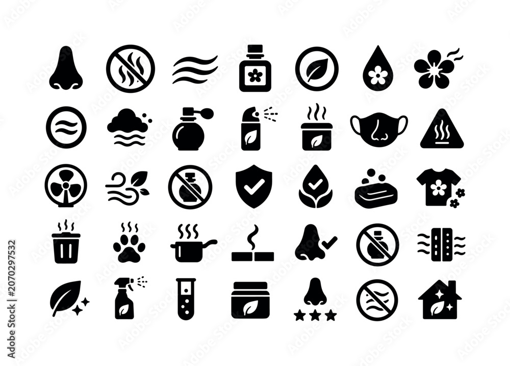 Obraz premium Smell No Smell. Solid glyph icon set of smell and no smell signs: nose, no smell sign, odor wave, fragrance bottle, clean label, scent drop, flower scent, neutral scent, aroma cloud, perfume bottle,