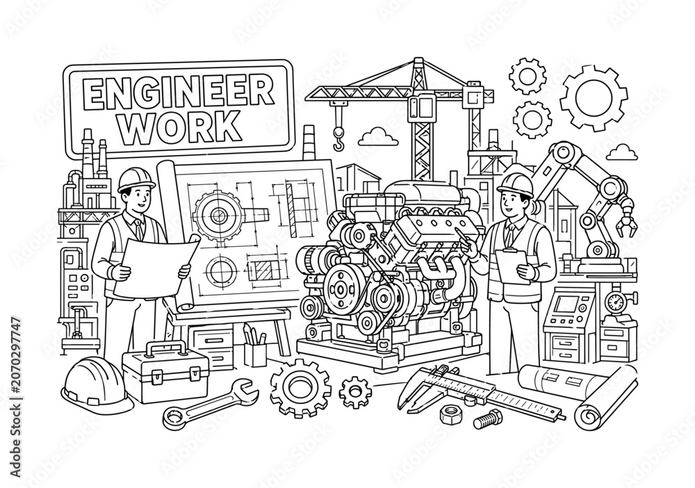 Obraz premium Engineering Machinery Industry. Clean outline line art banner with one wide engineering industry scene, two engineers beside oversized blueprint and giant machine engine, small details hard hat,