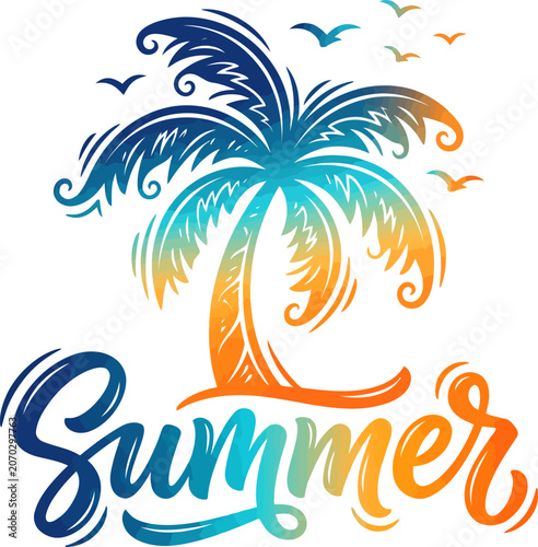 Colorful summer palm tree and birds with handwritten word summer, warm season.