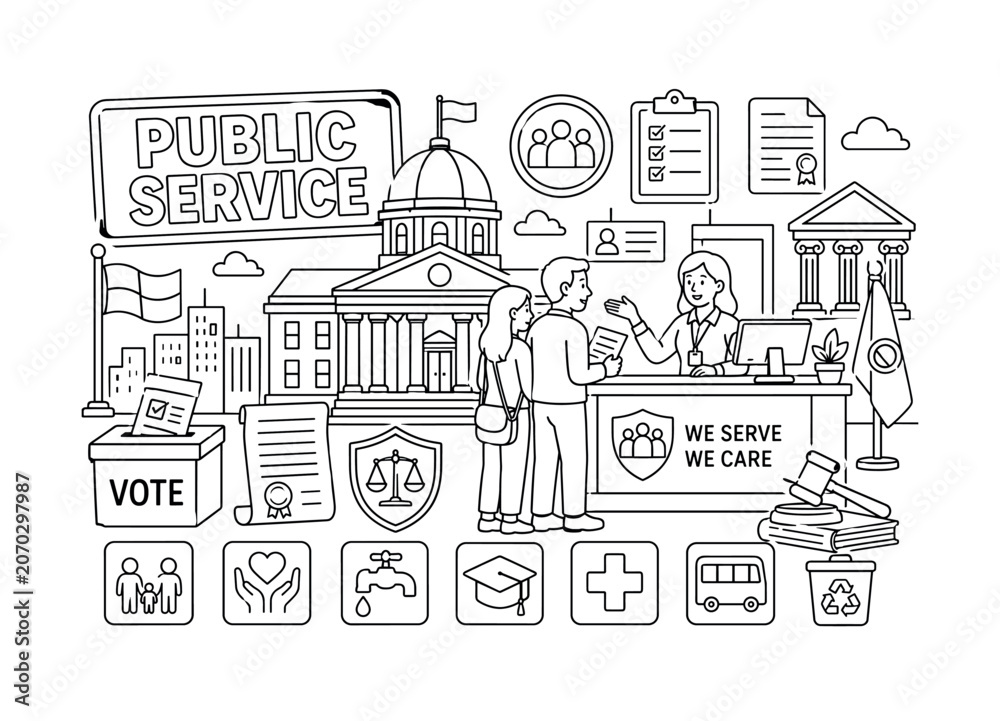 Naklejka premium Government Public Services. Clean outline line art banner with one wide government services scene, two citizens beside oversized parliament building and giant public service counter, small details