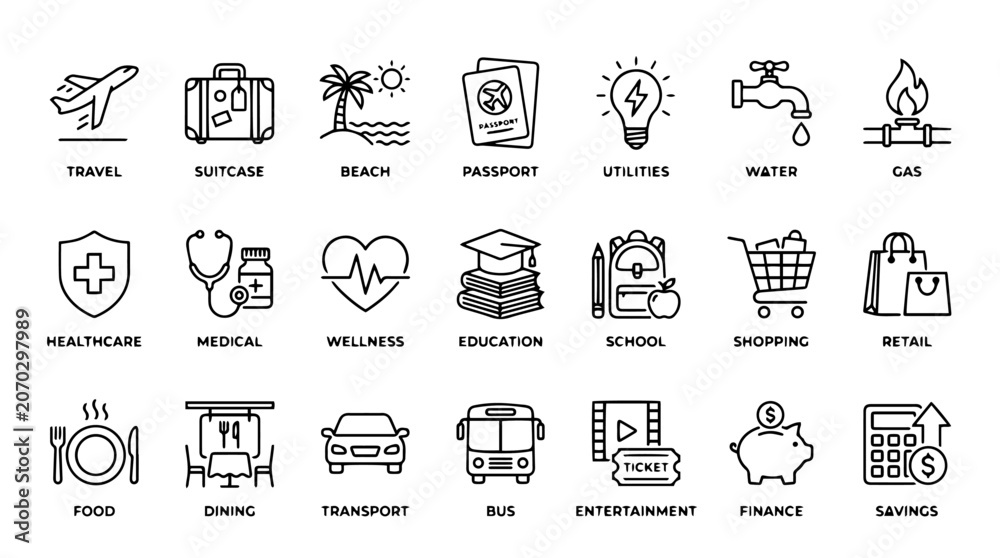 Fototapeta premium Daily life and personal finance line icons set featuring minimal black vector symbols for travel retail utilities health and education isolated on white background