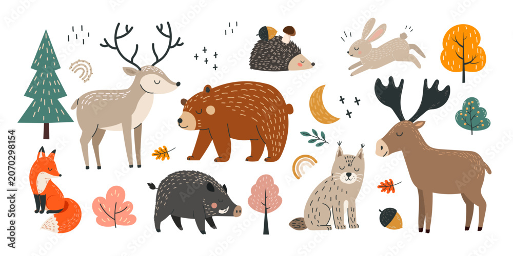 Obraz premium Woodland animal set featuring deer, bear, moose, fox, hedgehog, wild boar, rabbit, lynx, trees and forest elements in a Scandi style for nursery decor, childrens books, educational materials. Vector