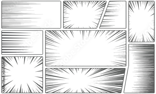 Collection of empty comic book strip panels with action speed lines manga layout vector illustration