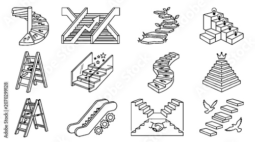 Collection of various staircase and ladder sketches in black and white line art style.