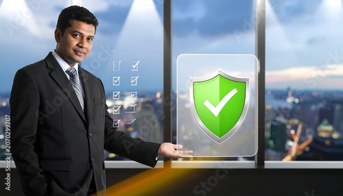 Confident Businessman Presenting Digital Security Shield in Modern Office at Dusk