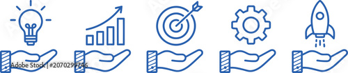 Business strategy and startup growth line icon set