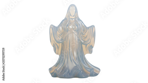 White statue of woman with long hair and long robe on her.
