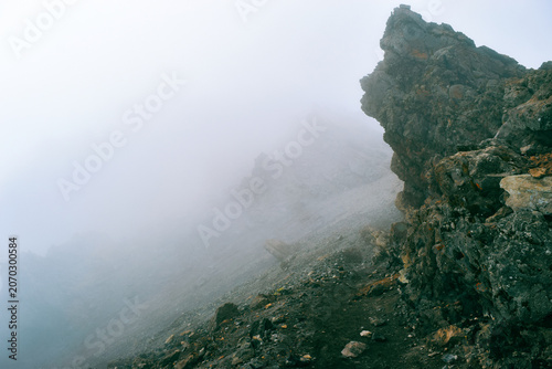 Mist Shrouding the Rugged Rock Formations in the Alpine Desert Zone of Mount Meru, Arusha National Park, Tanzania