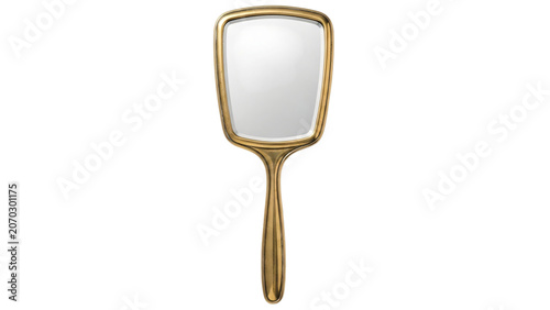 Mirror with gold frame and mirror back of it with black background.